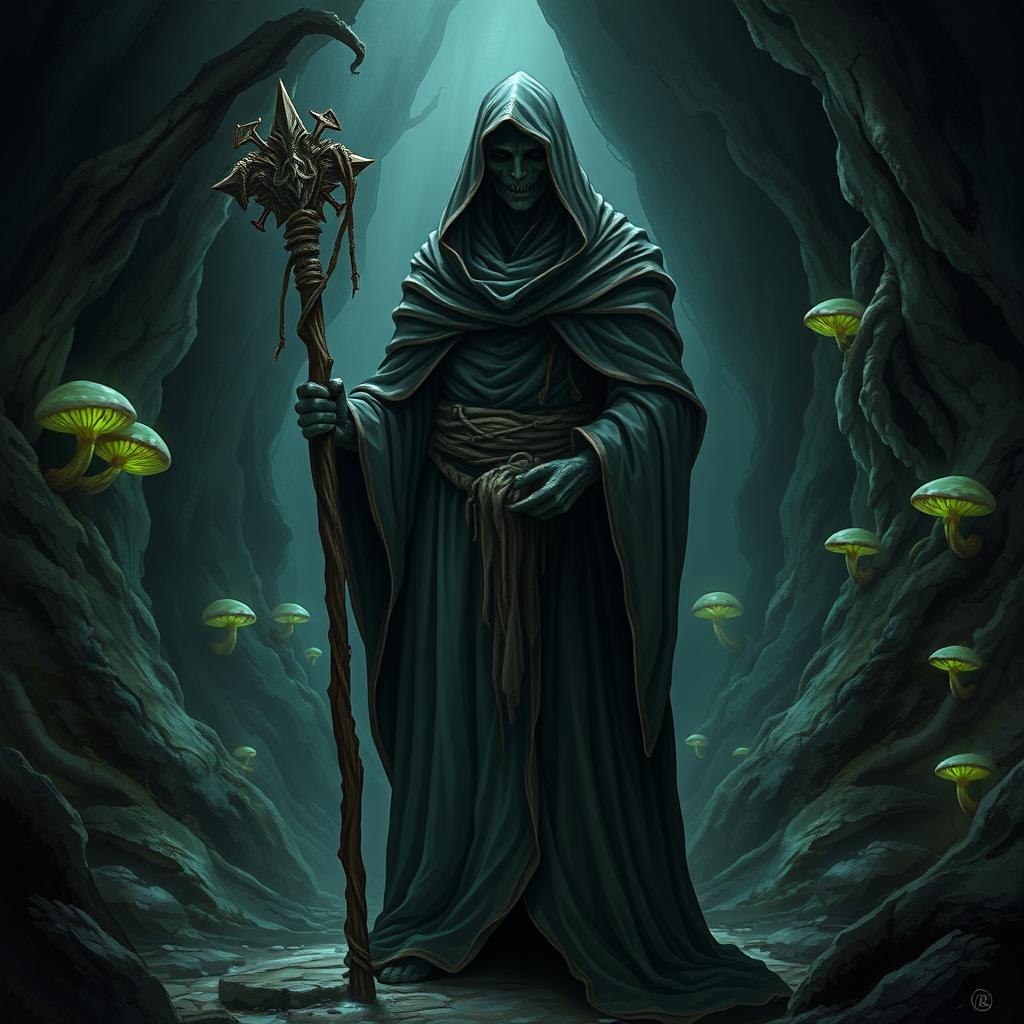 A mysterious druid cloaked in a full-length robe that covers their face, holding a quarterstaff, standing in the eerie and dark environment of the Underdark