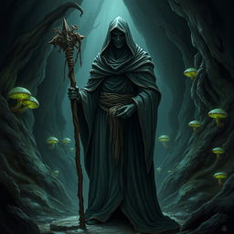 A mysterious druid cloaked in a full-length robe that covers their face, holding a quarterstaff, standing in the eerie and dark environment of the Underdark