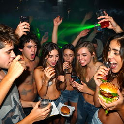 A group of young people at a party, drinking alcohol, using drugs, playing on their mobile phones, and eating hamburgers