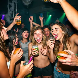 A group of young people at a party, drinking alcohol, using drugs, playing on their mobile phones, and eating hamburgers