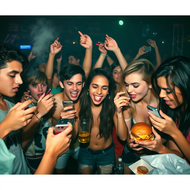 A group of young people at a party, drinking alcohol, using drugs, playing on their mobile phones, and eating hamburgers