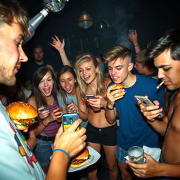 A group of young people at a party, drinking alcohol, using drugs, playing on their mobile phones, and eating hamburgers