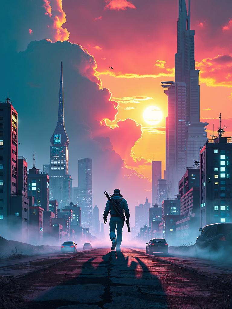 Create a high-definition movie poster for a sci-fi movie featuring a futuristic cityscape, a heroic figure, a dramatic sky, and a vibrant, otherworldly color scheme