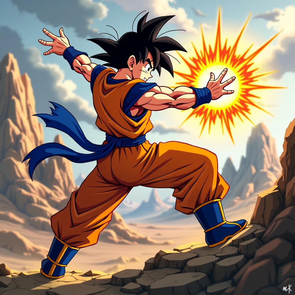 Goku from Dragon Ball Z in a dynamic fighting pose, ready to unleash a Kamehameha wave, set against a dramatic, rocky landscape