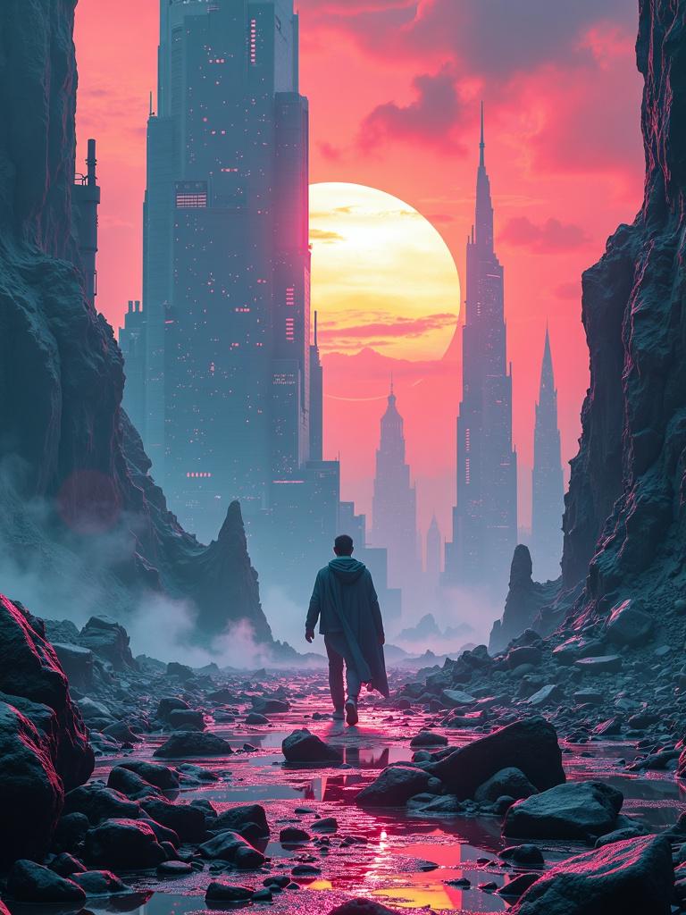 Create an ultra high-definition movie poster for a sci-fi movie featuring a detailed futuristic cityscape, a heroic figure, a dramatic sky, and a vibrant, otherworldly color scheme