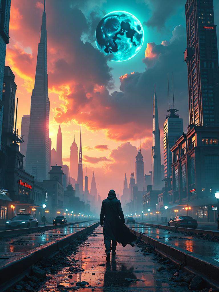 Create an ultra high-definition movie poster for a sci-fi movie titled 'The Fallen', featuring a detailed futuristic cityscape, a heroic figure, a dramatic sky, and a vibrant, otherworldly color scheme