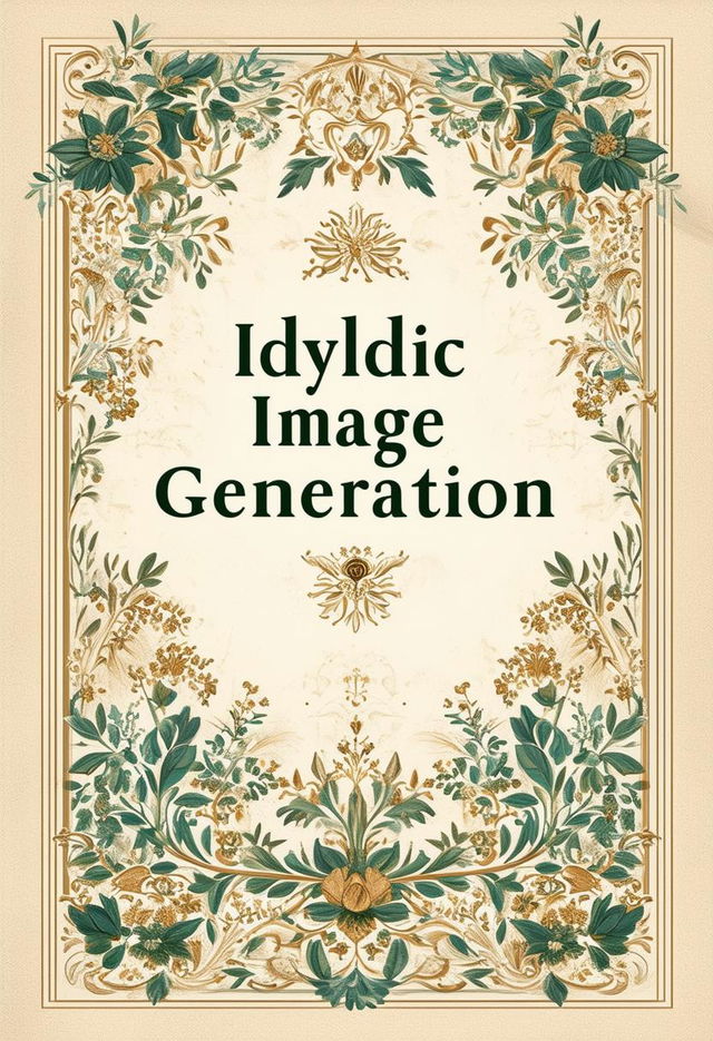 Create a vintage book cover titled "Idyllic Image Generation" with ornamental minimalism, featuring delicate designs, a classic serif font, and a soft, muted color palette