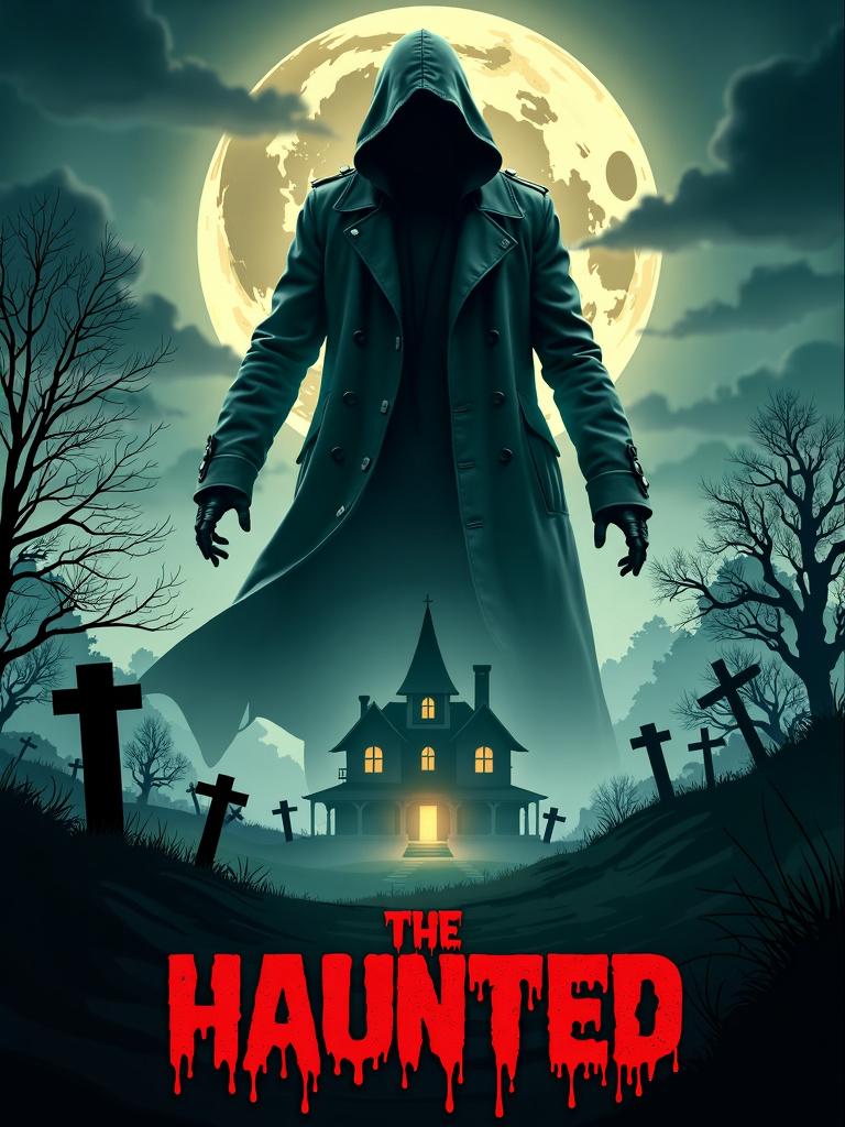 Create a high-definition horror movie poster featuring a menacing figure, dark colors, and typical horror elements like a haunted house, graveyard, and full moon