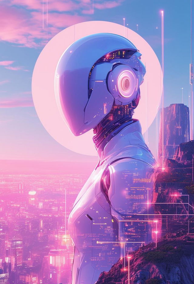 A futuristic digital book cover titled 'Idyllic AI', inspired by cyberwave aesthetics with pastel colors, a high-tech cityscape, and a serene humanoid AI figure with digital elements