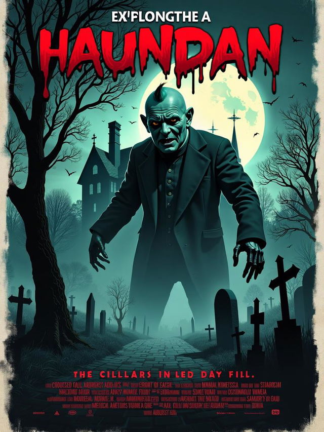 Create an even more high-definition and scarier horror movie poster with a grotesque central figure, dark colors, and a sinister setting including a haunted mansion, graveyard, and full moon