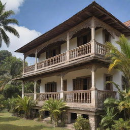 A grand view of a historic Filipino house from the Spanish colonial era, showing intricate architectural details, wooden balconies, and capiz shell windows, set in a tropical landscape.