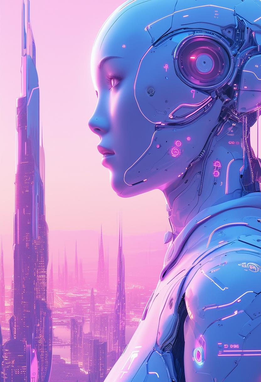 A more beautiful, conceptual, and futuristic book cover titled 'Idyllic AI', featuring a cyberwave aesthetic with pastel colors, a high-tech cityscape, and a serene humanoid AI figure with digital elements