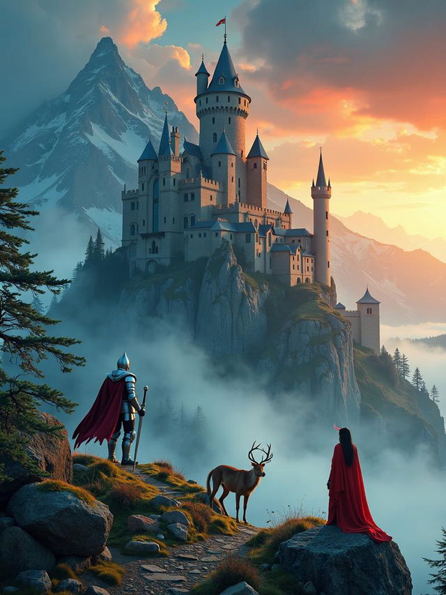 Create a high-definition movie poster for a fantasy movie featuring a castle on a misty mountain, mythical creatures, a brave knight, and a powerful sorceress