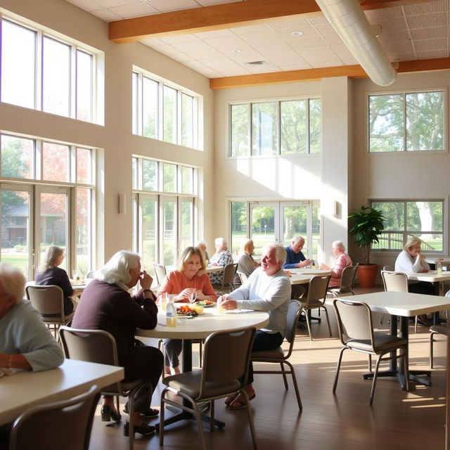 A dining area for senior citizens in a flexible and bright space