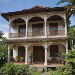 A grand view of a historic Filipino house from the Spanish colonial era, showing intricate architectural details, wooden balconies, and capiz shell windows, set in a tropical landscape.