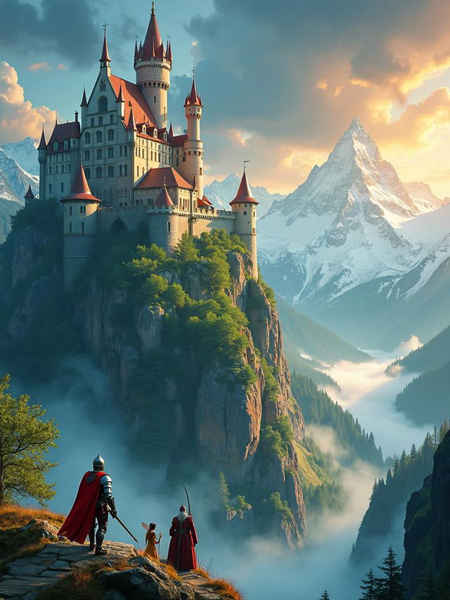 Create an ultra high-definition movie poster for an epic fantasy movie featuring a detailed castle on a misty mountain, lifelike mythical creatures, a brave knight, a powerful sorceress, a winged fairy warrior, and a wise old wizard