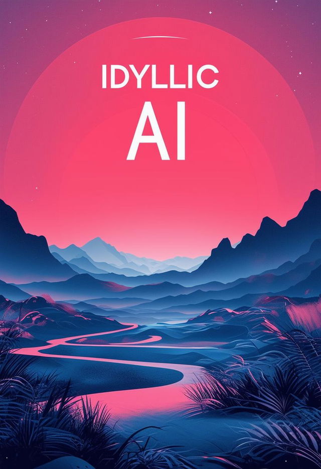 A beautiful vintage book cover titled 'Idyllic AI' with a future sci-fi inspired minimalistic design, featuring a subtle futuristic landscape and elegant, classic font