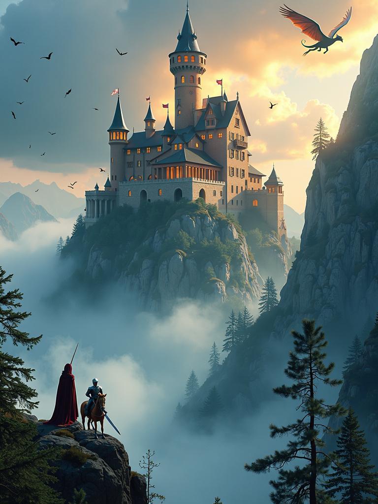 Create an ultra high-definition movie poster for an epic fantasy movie featuring a detailed castle on a misty mountain, lifelike mythical creatures, a brave knight, a powerful sorceress, a winged fairy warrior, a wise old wizard, and a fierce dragon rider