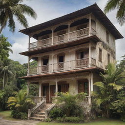 A grand view of a historic Filipino house from the Spanish colonial era, showing intricate architectural details, wooden balconies, and capiz shell windows, set in a tropical landscape.