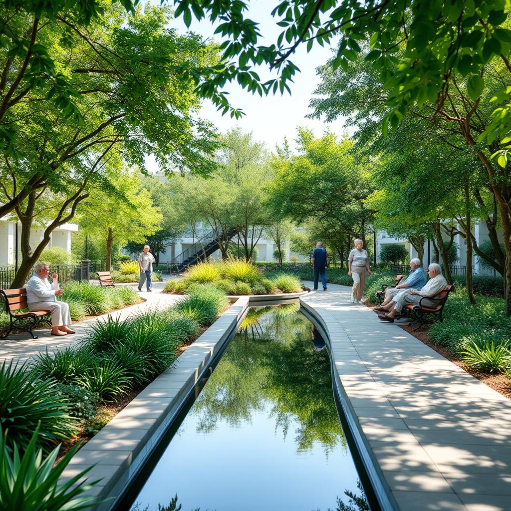 Green areas for senior citizens in a bright space with water mirrors and lush vegetation