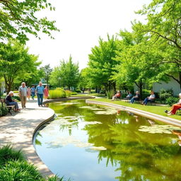 Green areas for senior citizens in a bright space with water mirrors and lush vegetation