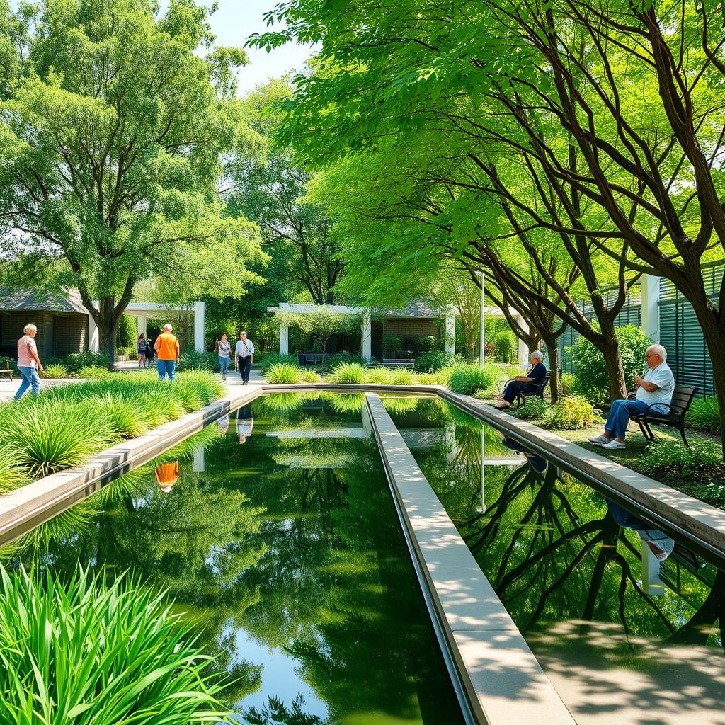 Green areas for senior citizens in a bright space with water mirrors and lush vegetation