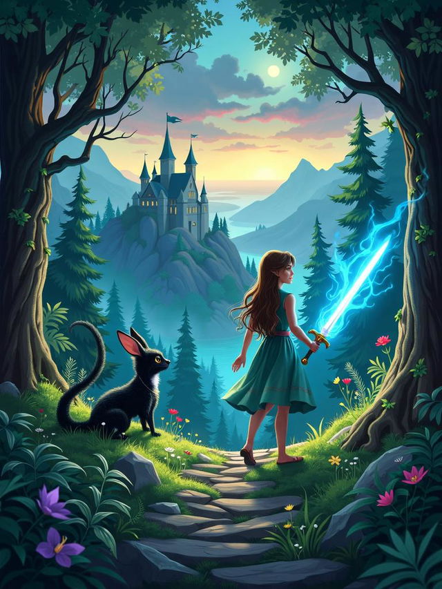 An HD book cover for a fantasy story featuring an enchanting forest, a young heroine with a magical sword, a mystical creature, and a distant castle under a twilight sky