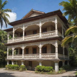 A grand view of a historic Filipino house from the Spanish colonial era, showing intricate architectural details, wooden balconies, and capiz shell windows, set in a tropical landscape.