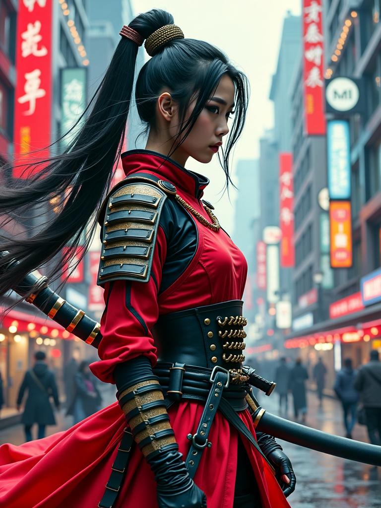 Create an HD movie poster of a sci-fi samurai woman in a futuristic cityscape, blending traditional samurai and advanced tech elements, with vibrant colors and dynamic design