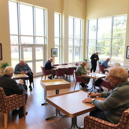 A board games area for senior citizens in a flexible and bright space