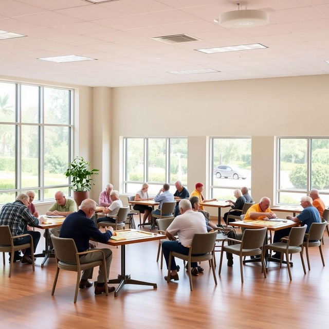 A board games area for senior citizens in a flexible and bright space