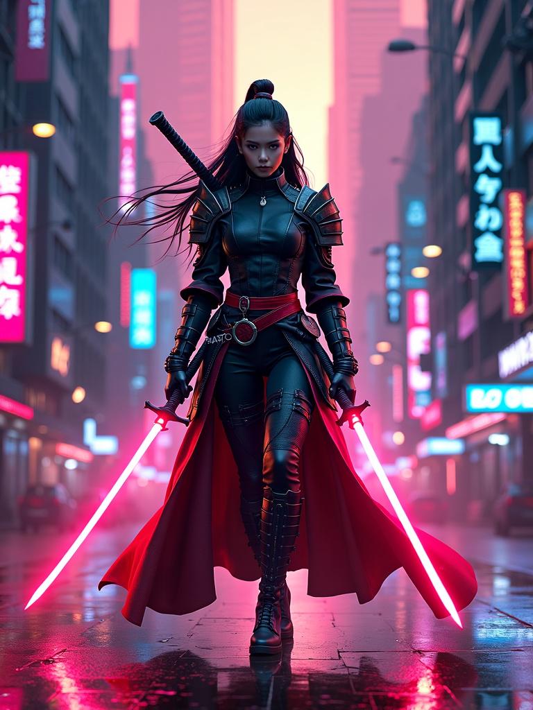 Create an HD movie poster of a sci-fi samurai woman with a stronger emphasis on sci-fi elements, featuring advanced technology, a laser sword, and an ultra-modern cityscape with vibrant neon colors