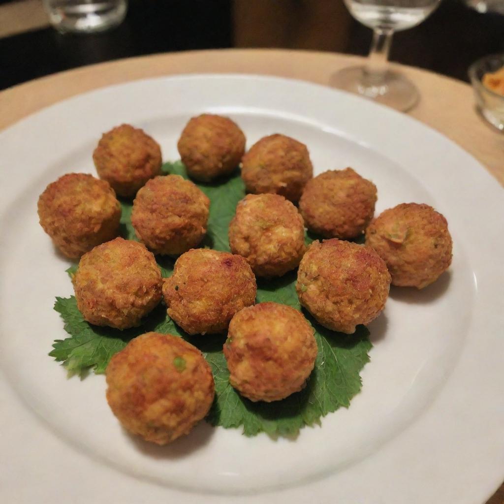 An artfully plated display of chicken balls.