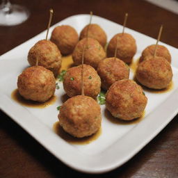 An artfully plated display of chicken balls.