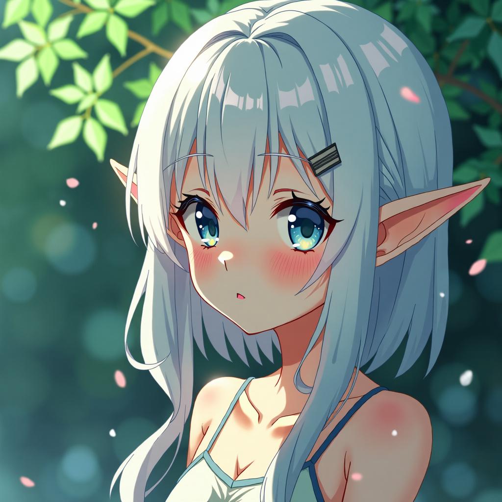 An anime waifu with elf ears and white hair, blushing with a sultry expression, in the style of Makoto Shinkai