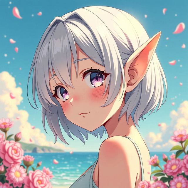 An anime waifu with elf ears and white hair, blushing with a sultry expression, appearing around 21 years old, in the style of Makoto Shinkai