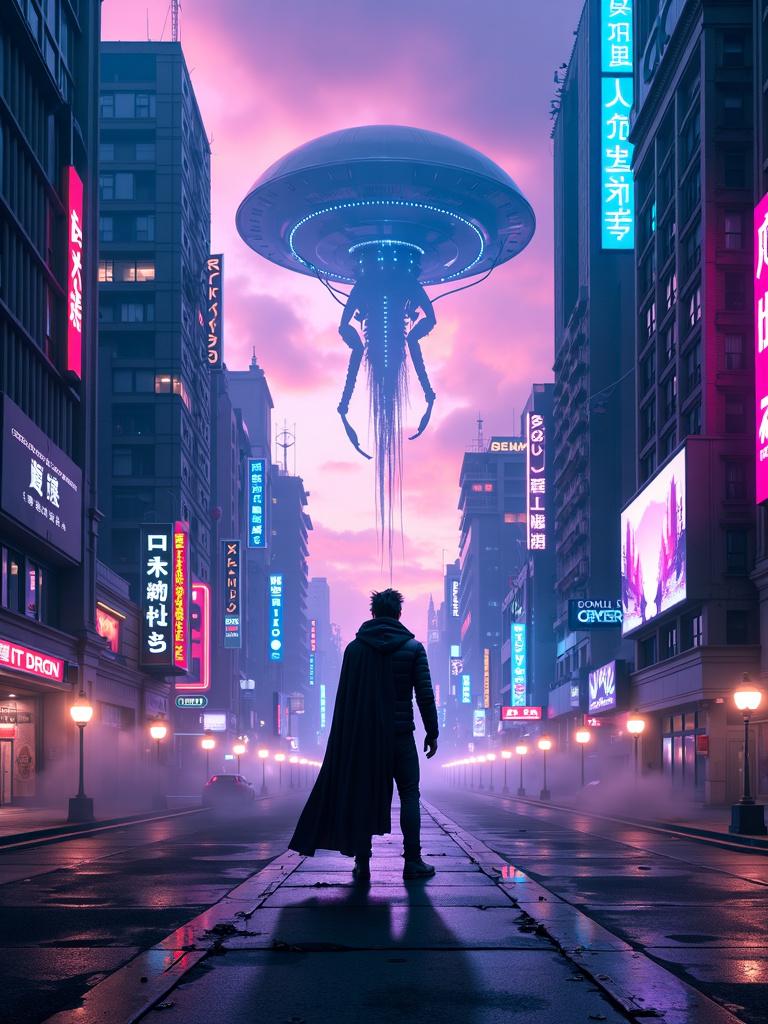 High-definition movie poster for a sci-fi movie set in a futuristic city with a heroic character, alien invasion, and a mix of dark blues, purples, and neon colors