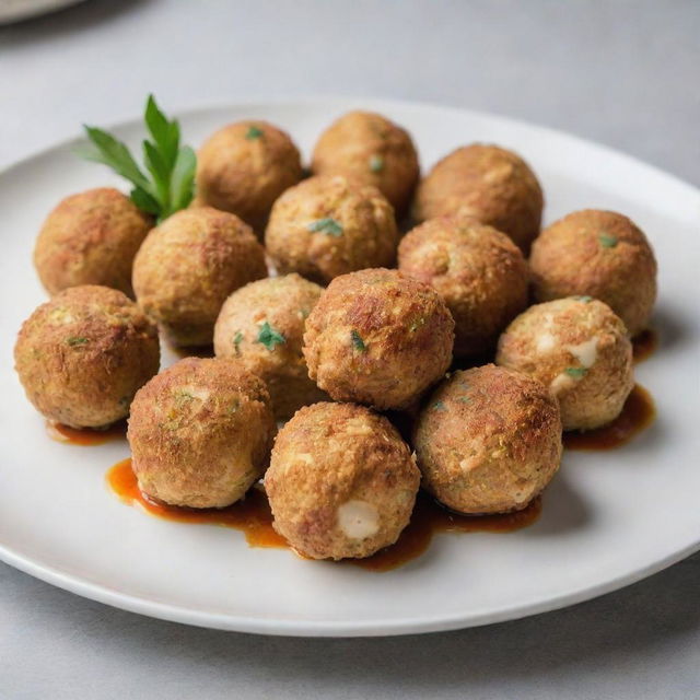 An artfully plated display of chicken balls.