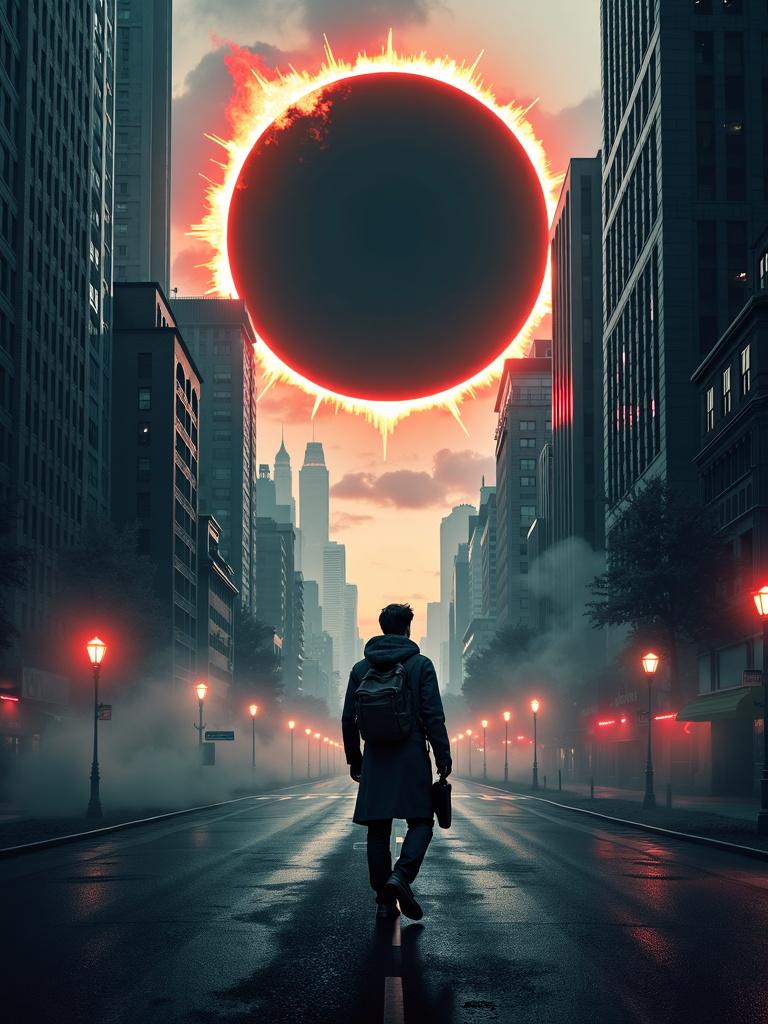 High-definition movie poster for a dystopian film titled 'Eclipse of Tomorrow,' featuring a dark cityscape, a lone protagonist, and a gritty, oppressive atmosphere