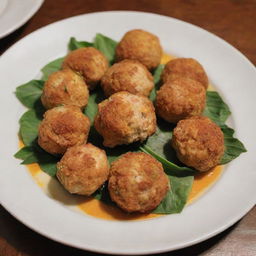 An artfully plated display of chicken balls.