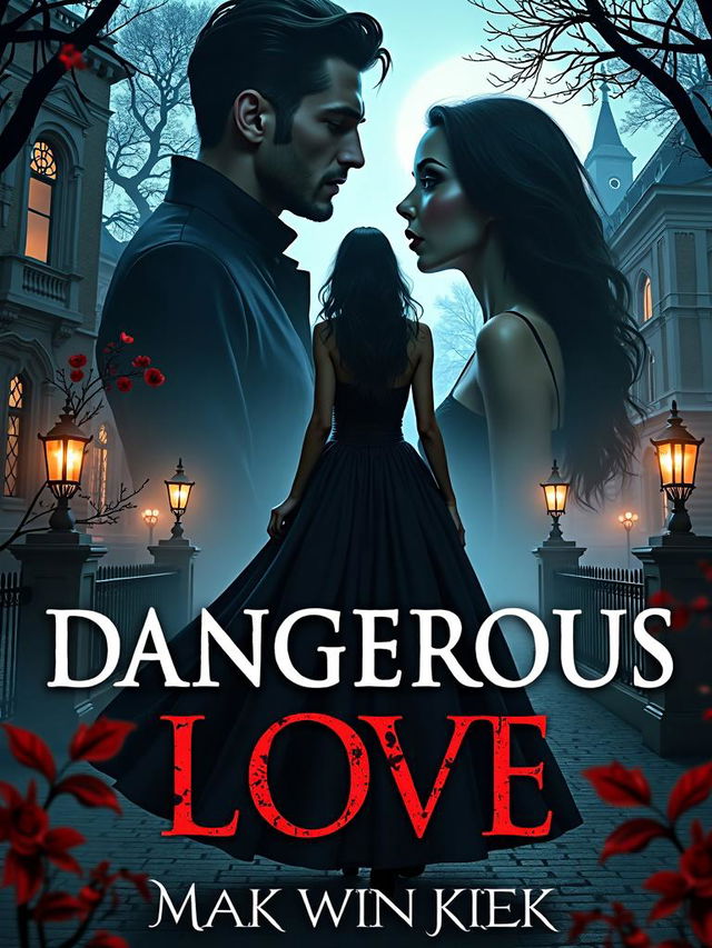 Photographic book cover for dark academia demonic vampire romance novel titled 'Dangerous Love