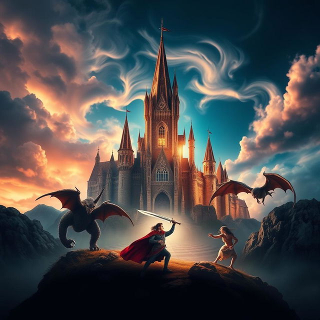 Create a visually stunning movie poster featuring an epic fantasy adventure