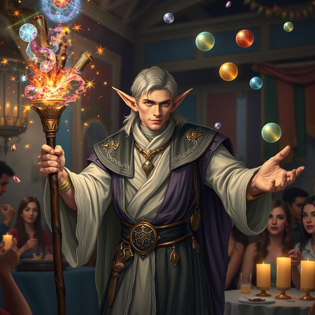 A high elf male sorcerer performing party magic tricks