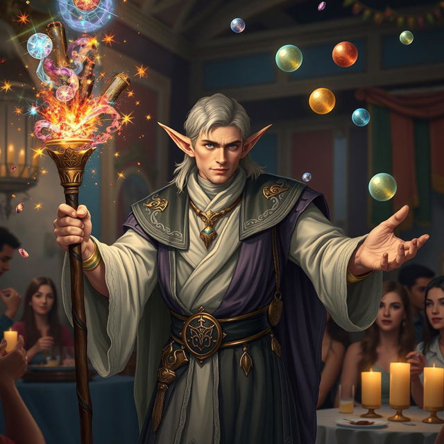 A high elf male sorcerer performing party magic tricks