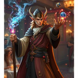 A high elf male sorcerer performing party magic tricks