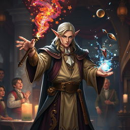 A high elf male sorcerer performing party magic tricks