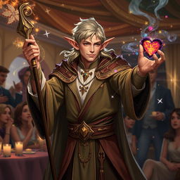 A high elf male sorcerer performing party magic tricks