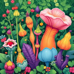 A vibrant and imaginative illustration of unconventional food plants