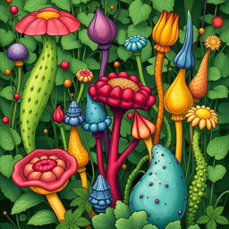 A vibrant and imaginative illustration of unconventional food plants