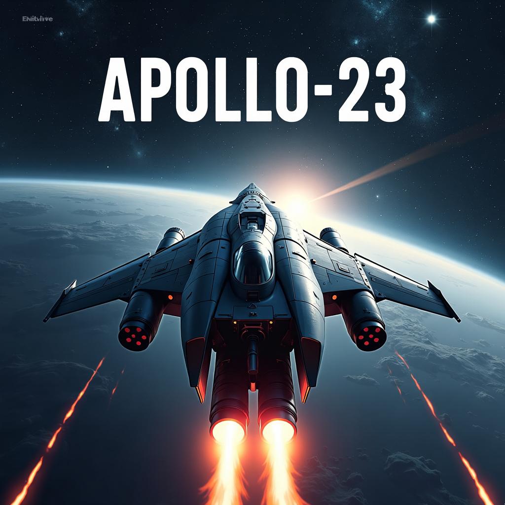 Create a visually stunning movie poster for the space thriller 'Apollo-23' featuring a sleek spaceship in outer space with the title text prominently displayed